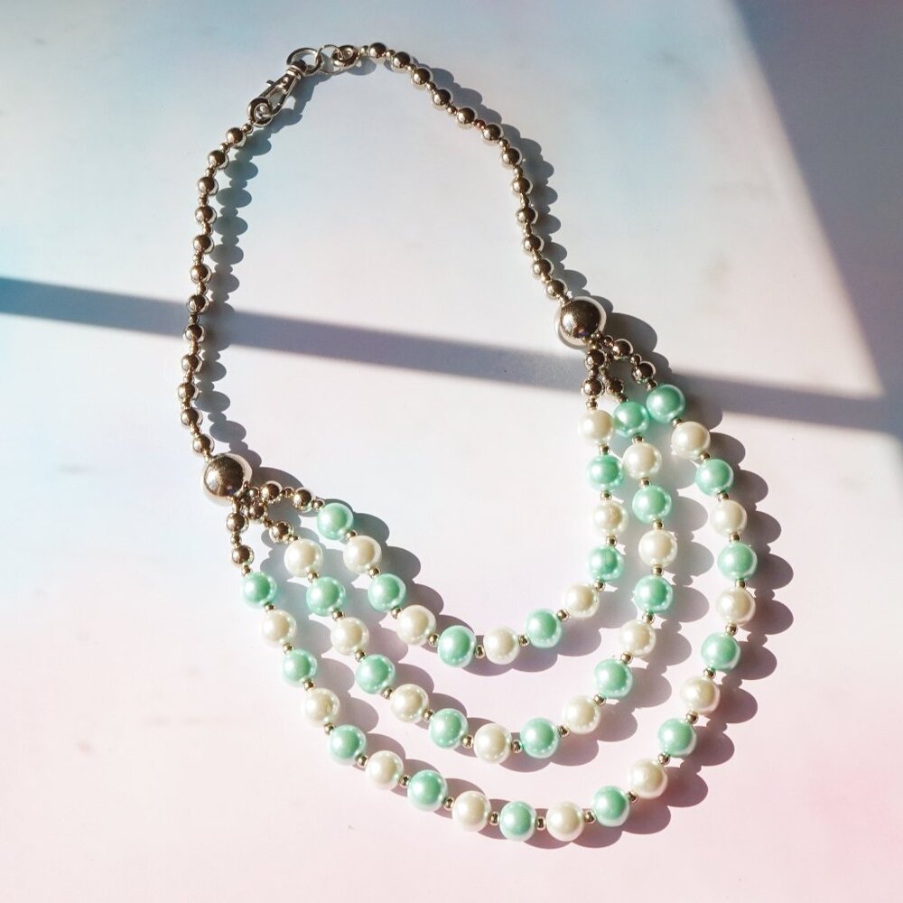 Vintage 90s Faux Pearl & Silver Tone Multi-Strand Necklace